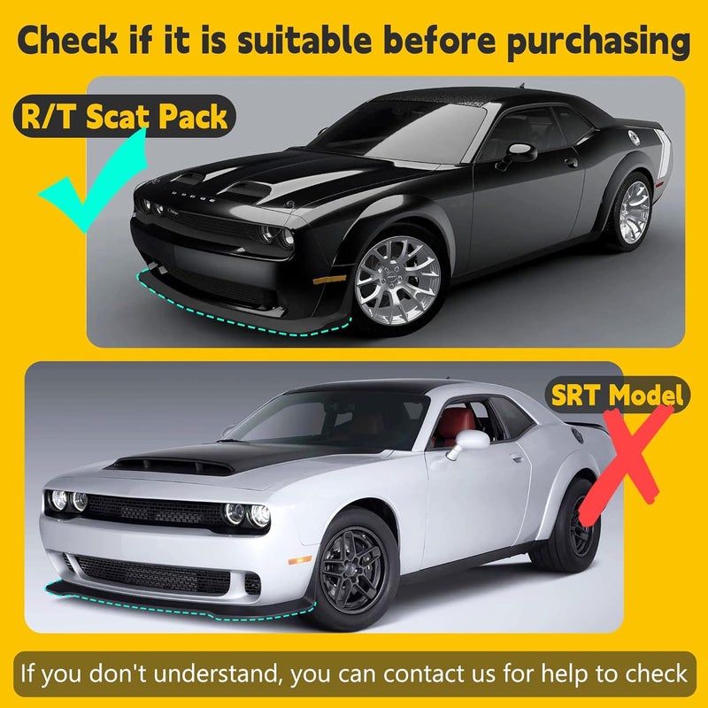TENGBASE Front Bumper Lip Splitter Protector Cover, for Dodge Challenger 2015-2023, R/T GT SRT, 2 PCS, Black - Image 2